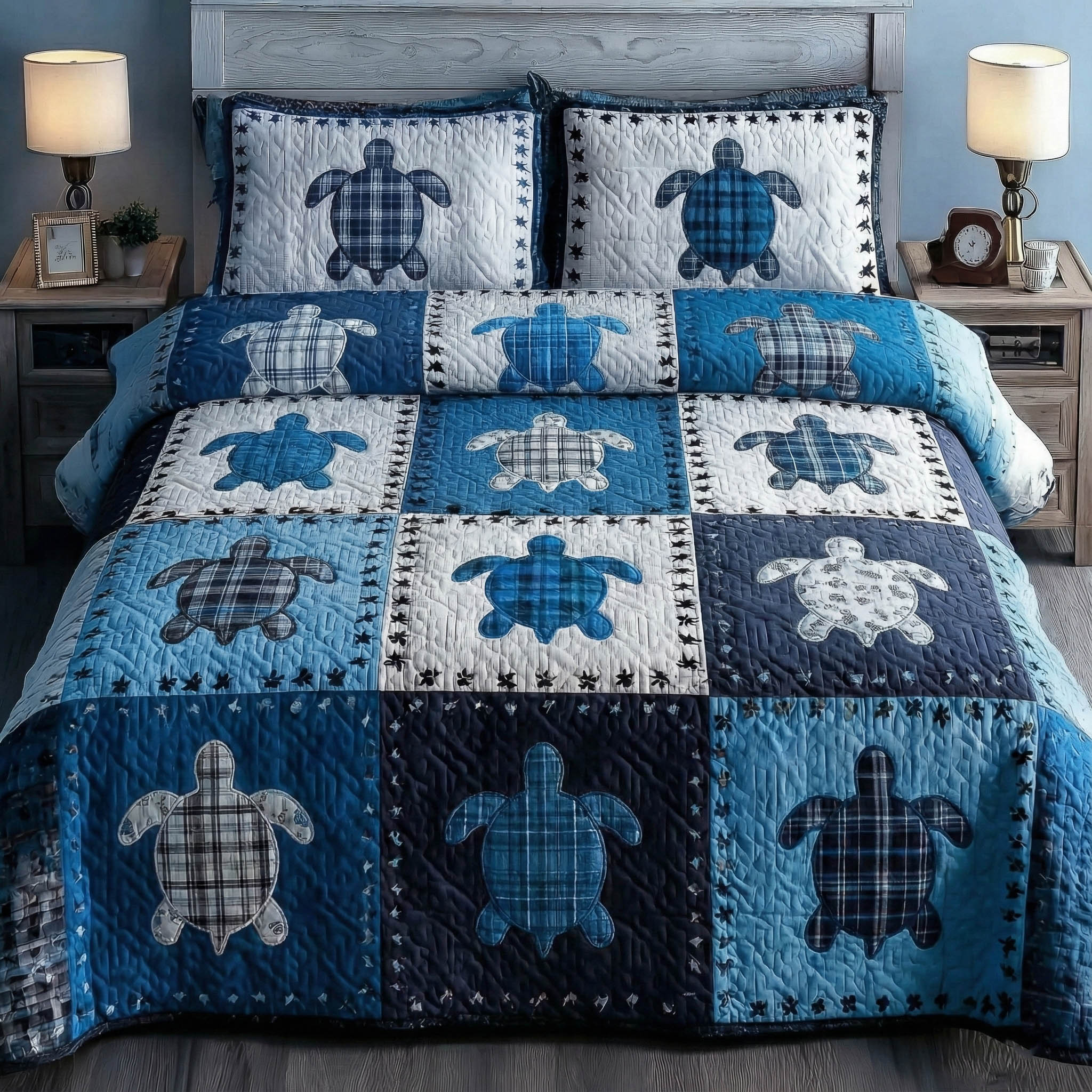 Turtle Patchwork Quilted Bedding Set Bedroom Decorations Gifts For People Who Loves Sea Turtle - Tradiviet