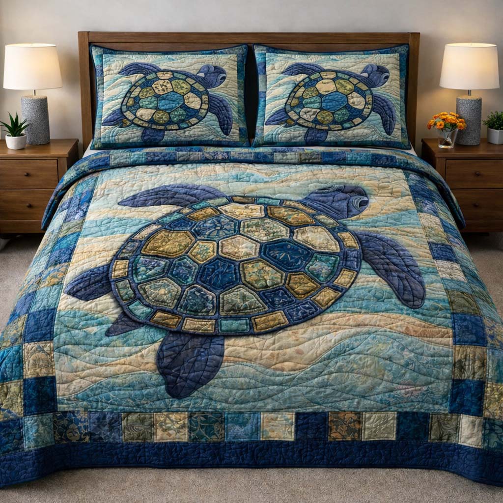 Turtle Serenity Quilted Bedding Set Holiday Bedroom Decor Turtle Gifts For Turtle Lovers - Tradiviet