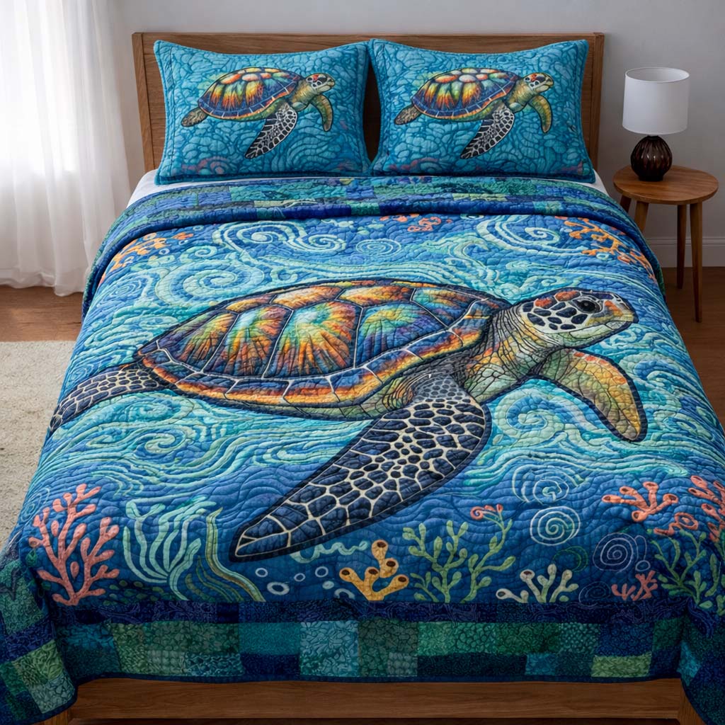Turtle Serenity Quilted Bedding Set Holiday Bedroom Decor Unique Gifts For Turtle Lovers - Tradiviet