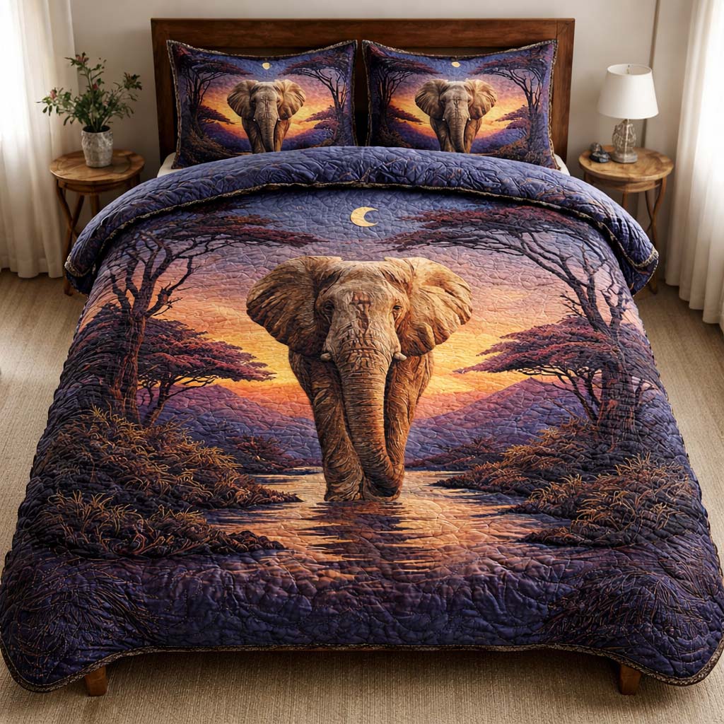 Twilight Elephant Quilted Bedding Set Holiday Decorations Gift Items For Elephant Lovers - Tradiviet