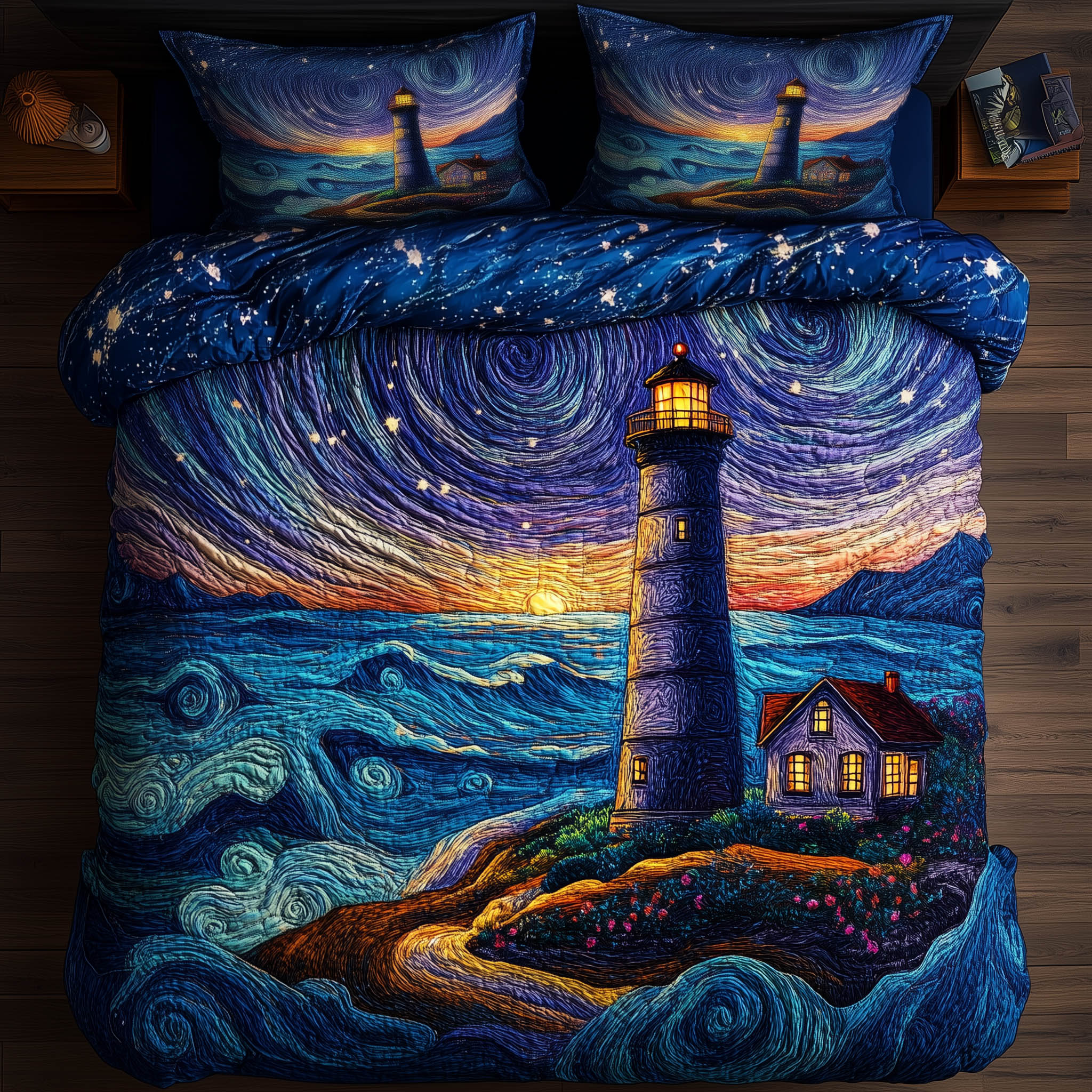 Twilight Lighthouse Quilted Bedding Set Bedroom Decorations Gift For Nature Lovers - Tradiviet