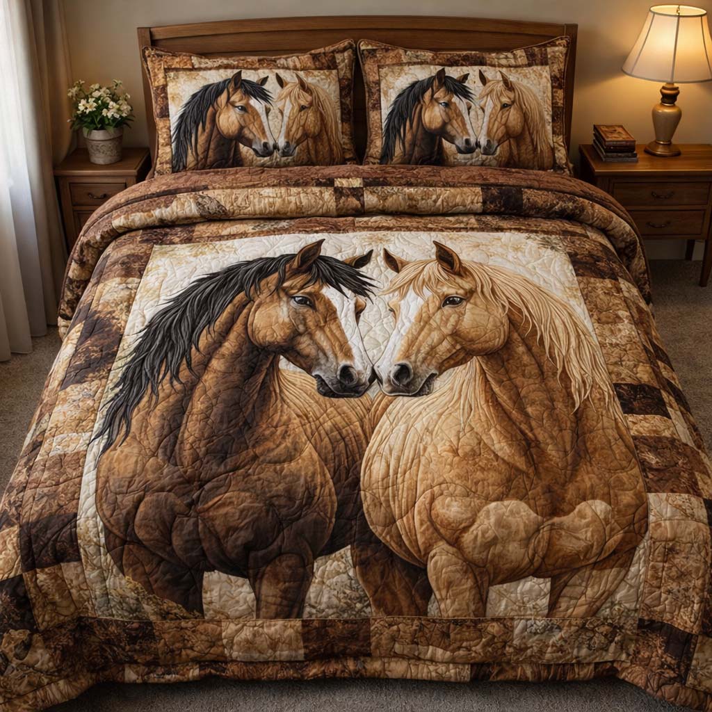 Twin Horses Quilted Bedding Set Room Decoration Items Gifts For New Horse Owners - Tradiviet