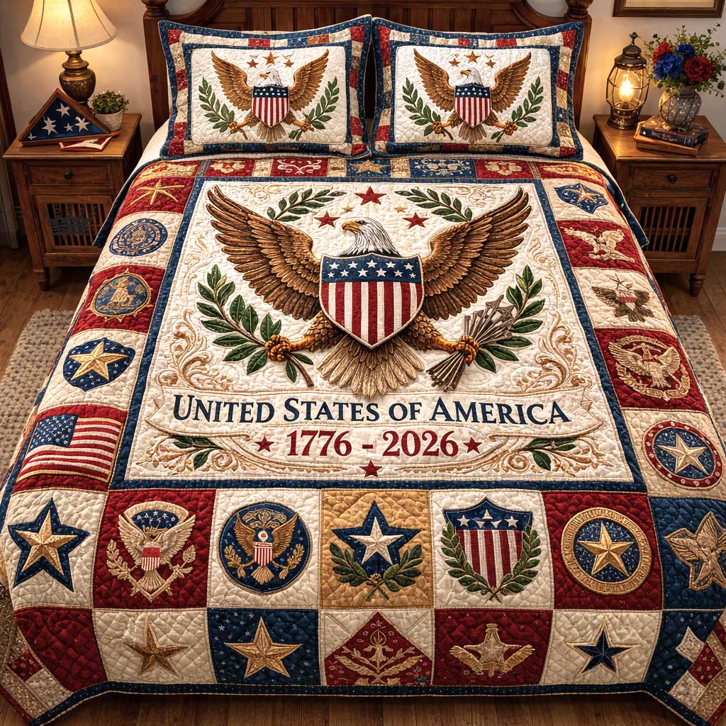 United States Of America 1776 2026 Quilted Bedding Set Good Room Decor Patriotic Themed Gifts - Tradiviet
