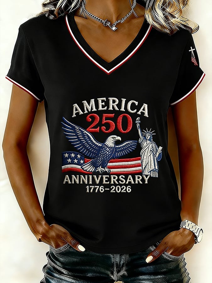 US 250th Anniversary Merch Shirt V-Neck Womens Bald Eagle Graphic Clothes Patriotic Gift - Tradiviet