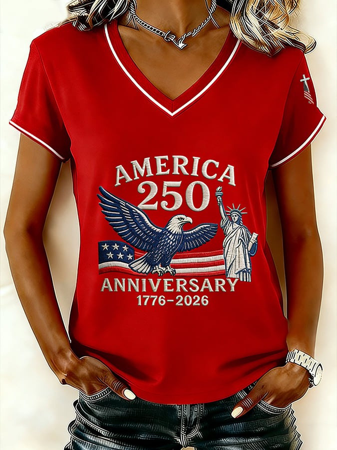 US 250th Anniversary Merch Shirt V-Neck Womens Bald Eagle Graphic Clothes Patriotic Gift - Tradiviet - Image 3