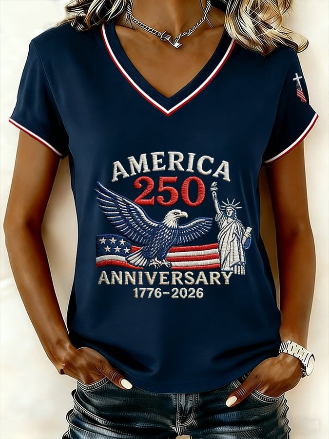US 250th Anniversary Merch Shirt V-Neck Womens Bald Eagle Graphic Clothes Patriotic Gift - Tradiviet - Image 4
