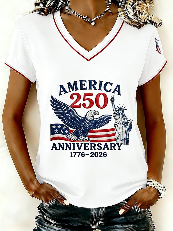 US 250th Anniversary Merch Shirt V-Neck Womens Bald Eagle Graphic Clothes Patriotic Gift - Tradiviet - Image 5