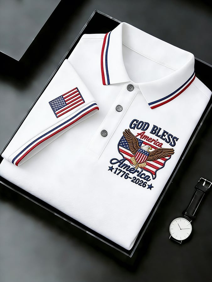 US 250th Anniversary Polo Shirt God Bless America Shirt Patriotic Apparel for Men - Tradiviet - Image 2
