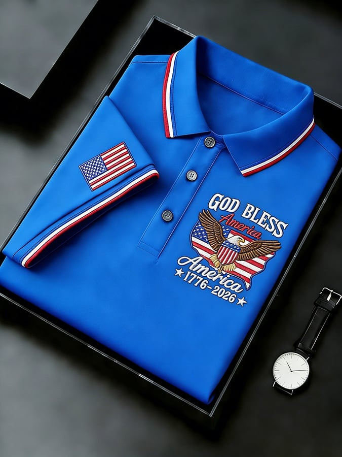 US 250th Anniversary Polo Shirt God Bless America Shirt Patriotic Apparel for Men - Tradiviet - Image 3
