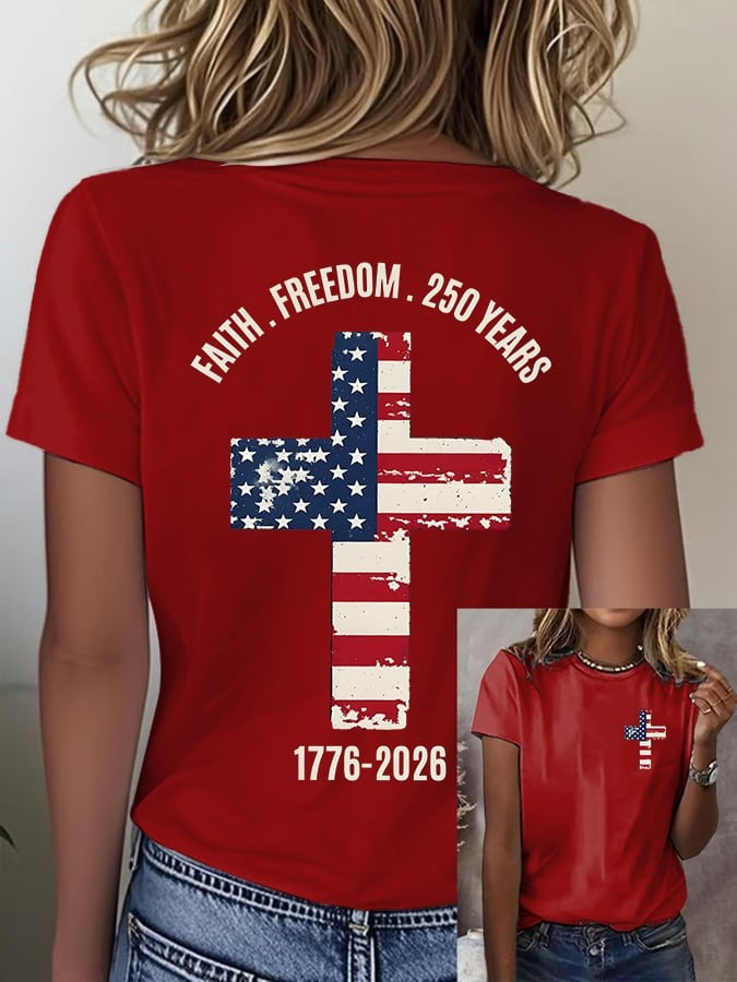 US 250th Anniversary Shirt Faith Freedom T-Shirt American Flag Cross Print Gift Ideas - Tradiviet - Image 2