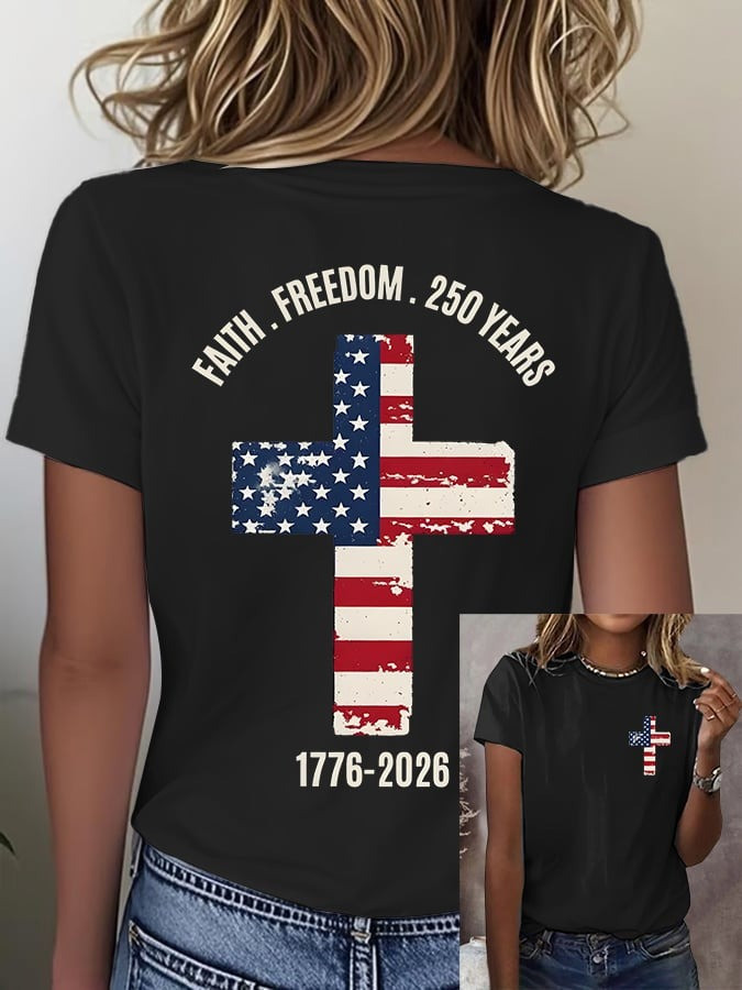 US 250th Anniversary Shirt Faith Freedom T-Shirt American Flag Cross Print Gift Ideas - Tradiviet
