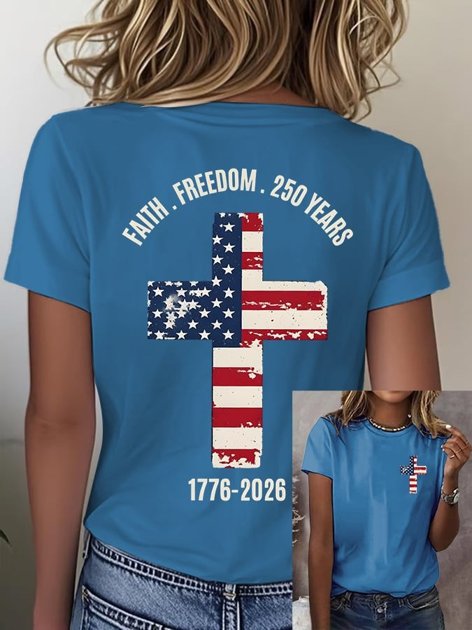 US 250th Anniversary Shirt Faith Freedom T-Shirt American Flag Cross Print Gift Ideas - Tradiviet - Image 3