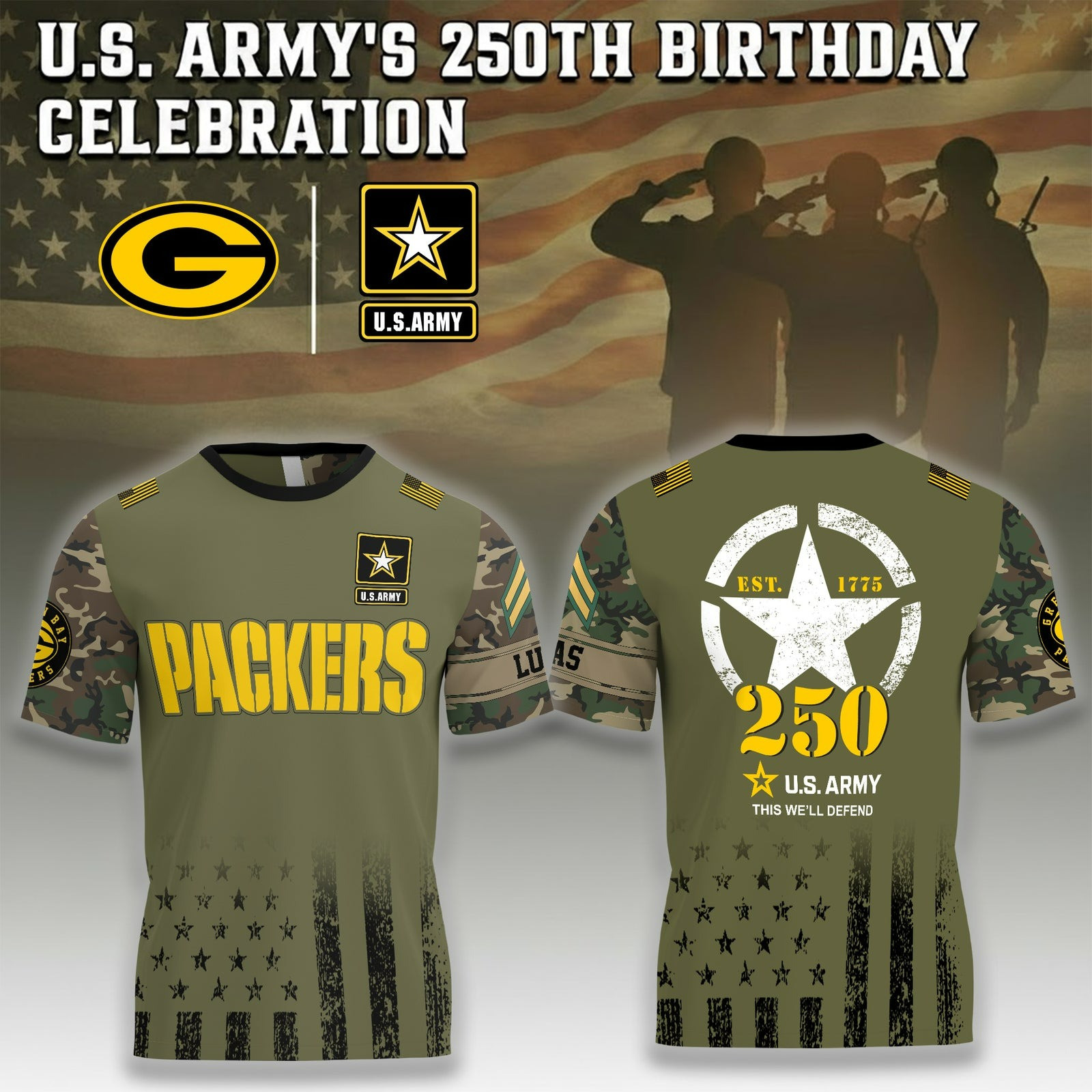 U.S. Army's 250th Birthday Celebration Packers Shirt - Military Appreciation T-Shirt - Tradiviet