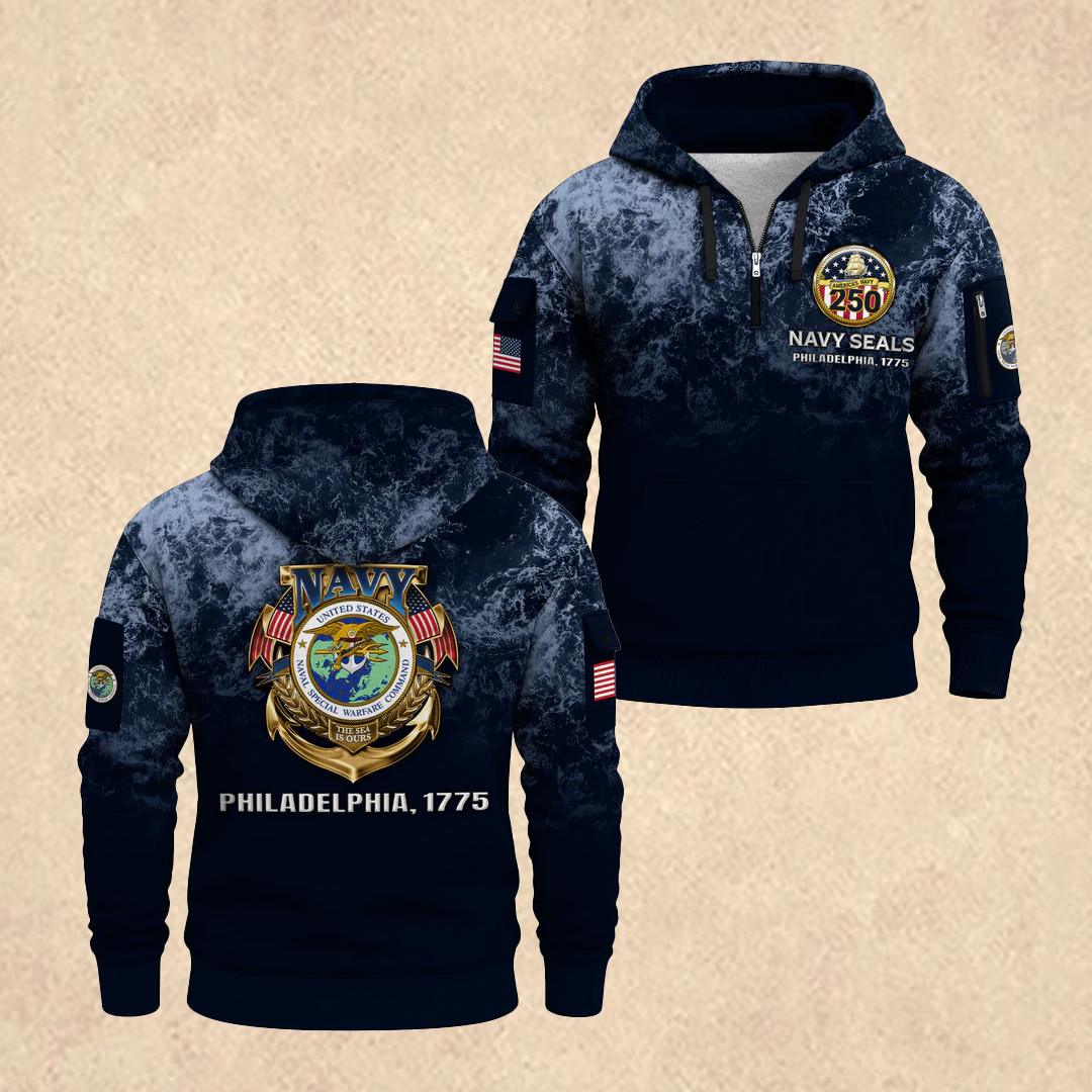 US NAVY 250th All-Over Quarter Zip Hoodie Best 4th Of July Merch Gift for Men - Tradiviet
