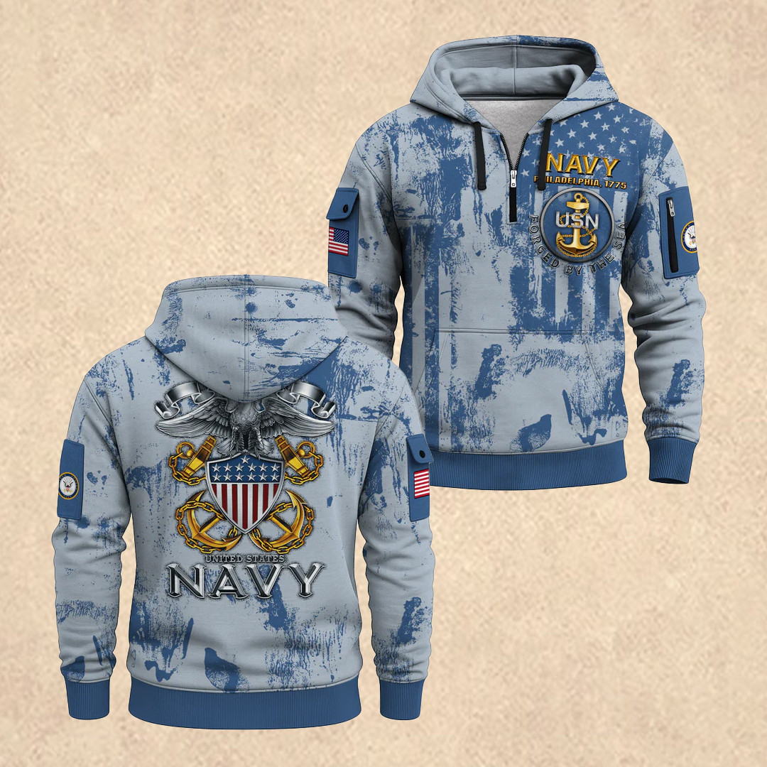 US NAVY 250th All-Over Quarter Zip Hoodie Fourth Of July Clothes Best Gift For Him - Tradiviet