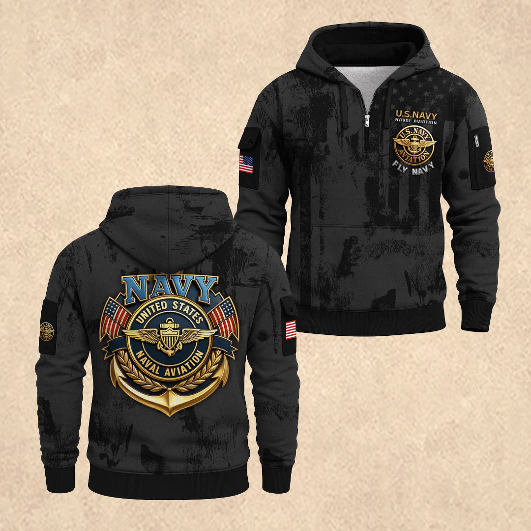 US NAVY 250th Anniversary All-Over Quarter Zip Hoodie 4Th Of July Apparel Patriotic Gift - Tradiviet