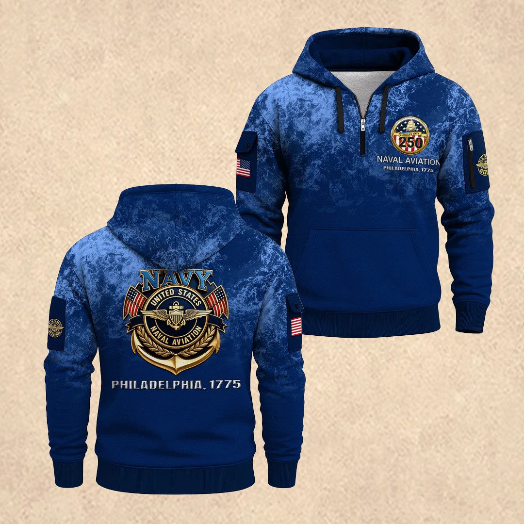 US NAVY 250th Anniversary All-Over Quarter Zip Hoodie 4th Of July Merch Father's Day Gift - Tradiviet