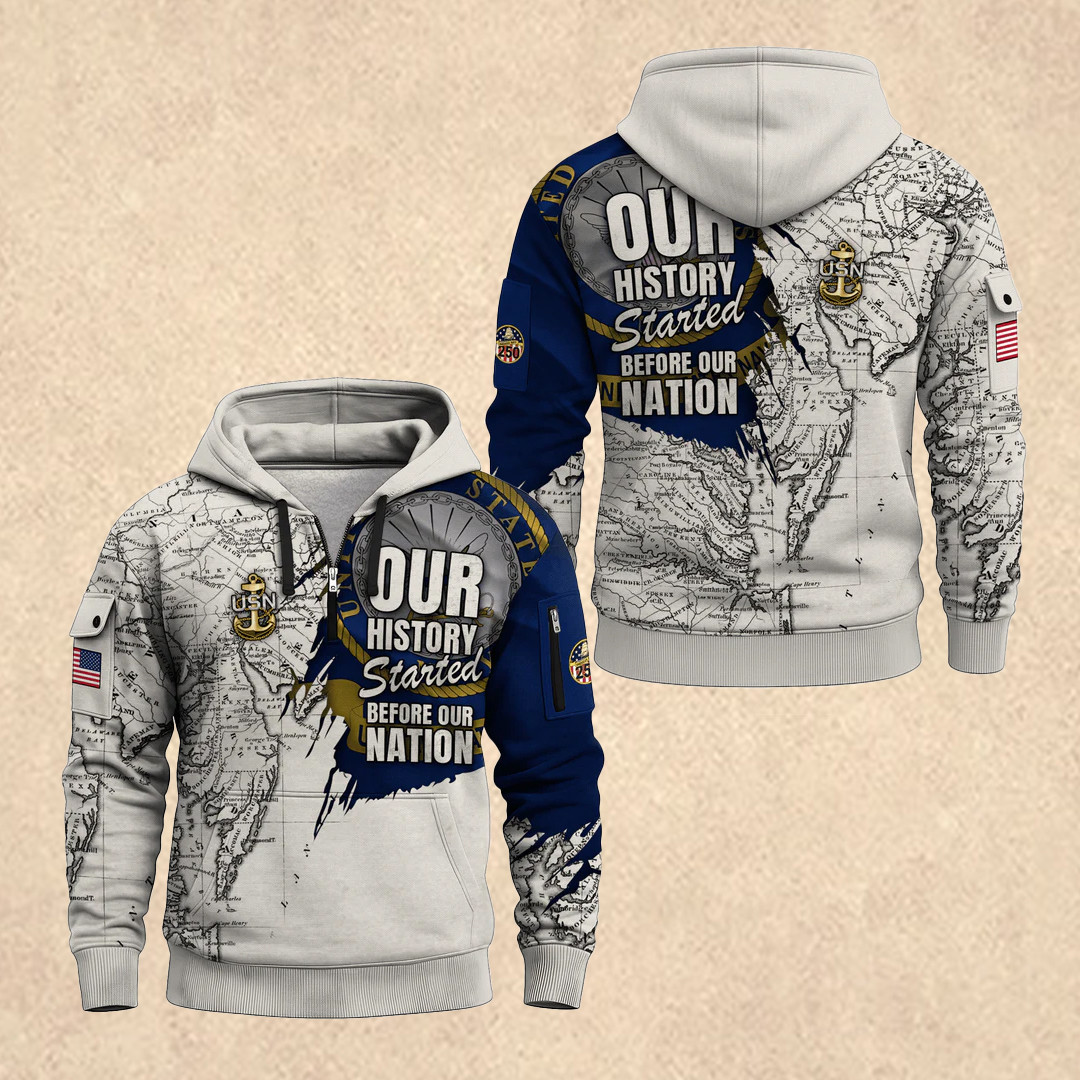 US NAVY 250th Anniversary All-Over Quarter Zip Hoodie Patriotic Apparel Father's Day Gift Idea - Tradiviet