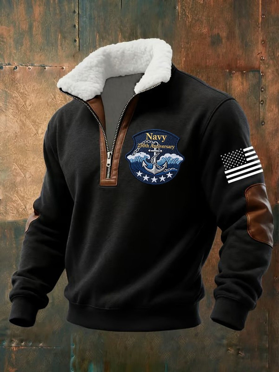 US Navy 250th Anniversary Sweatshirt Zipper Fur Collar Military Pullover Gift for Men - Tradiviet