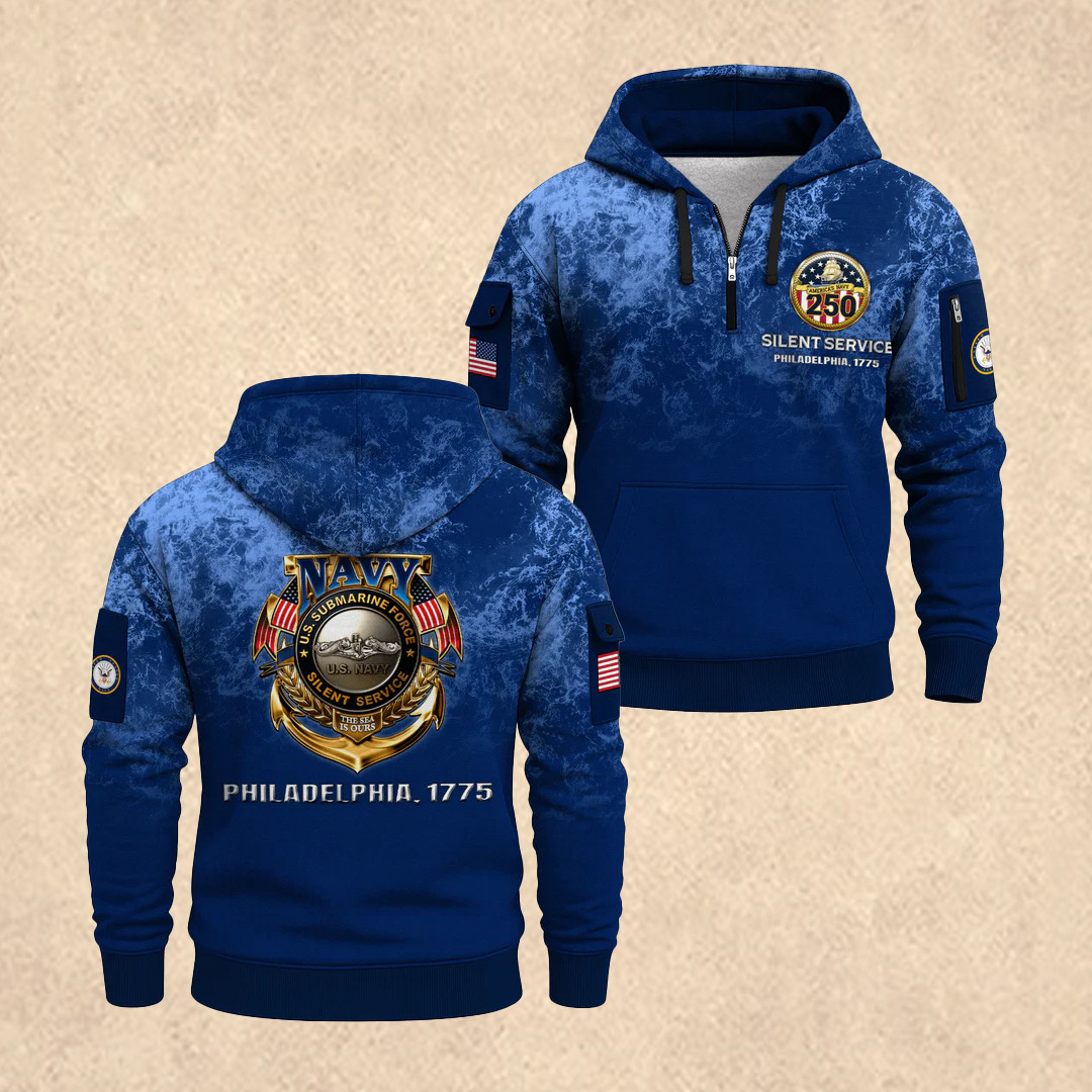US NAVY 250th Years Of Service All-Over Quarter Zip Hoodie Veteran Day Merch Gift for Men - Tradiviet