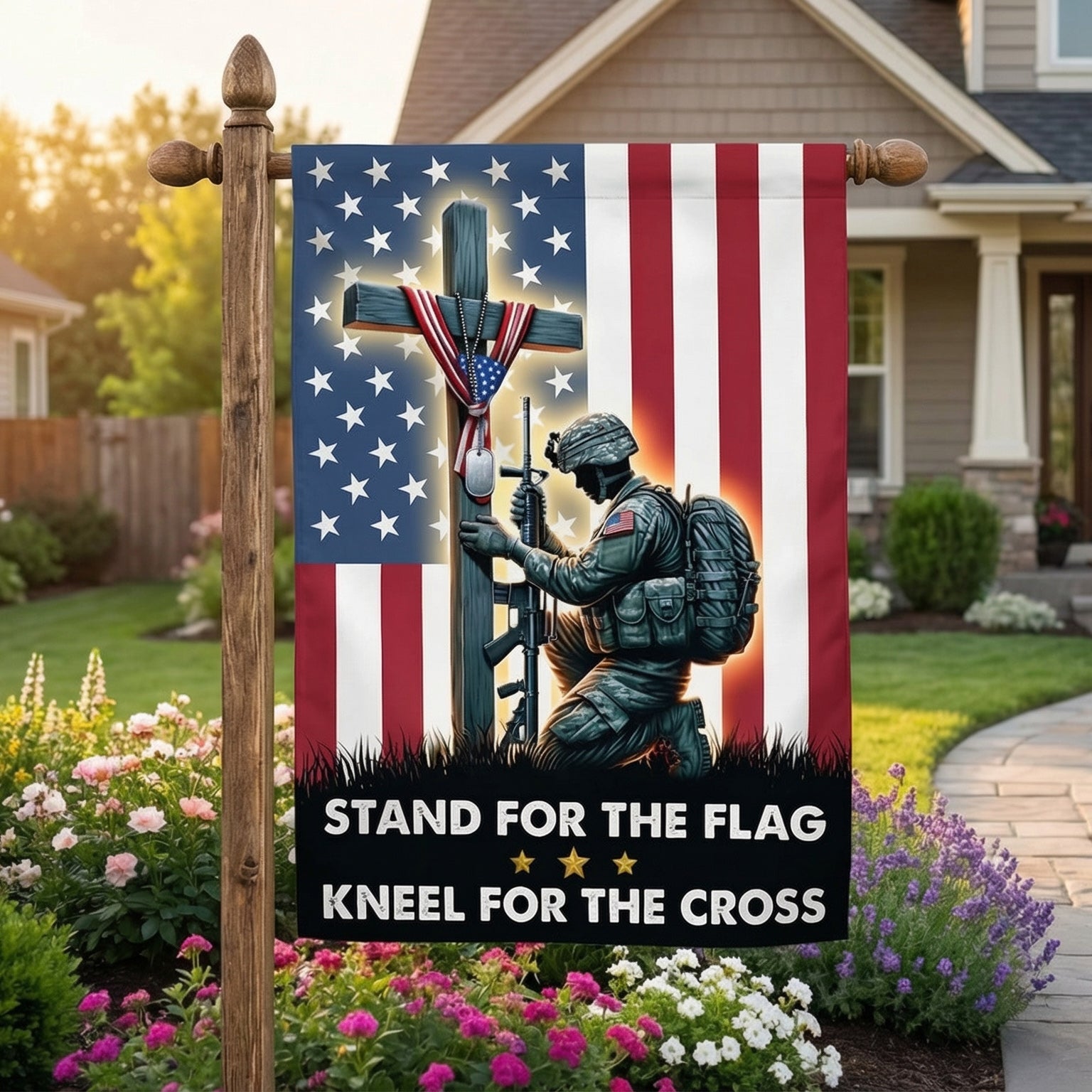 US Veteran Stand For The Flag Kneel For The Cross Flag 250 Years Of America Decor Gift for Dad - Tradiviet