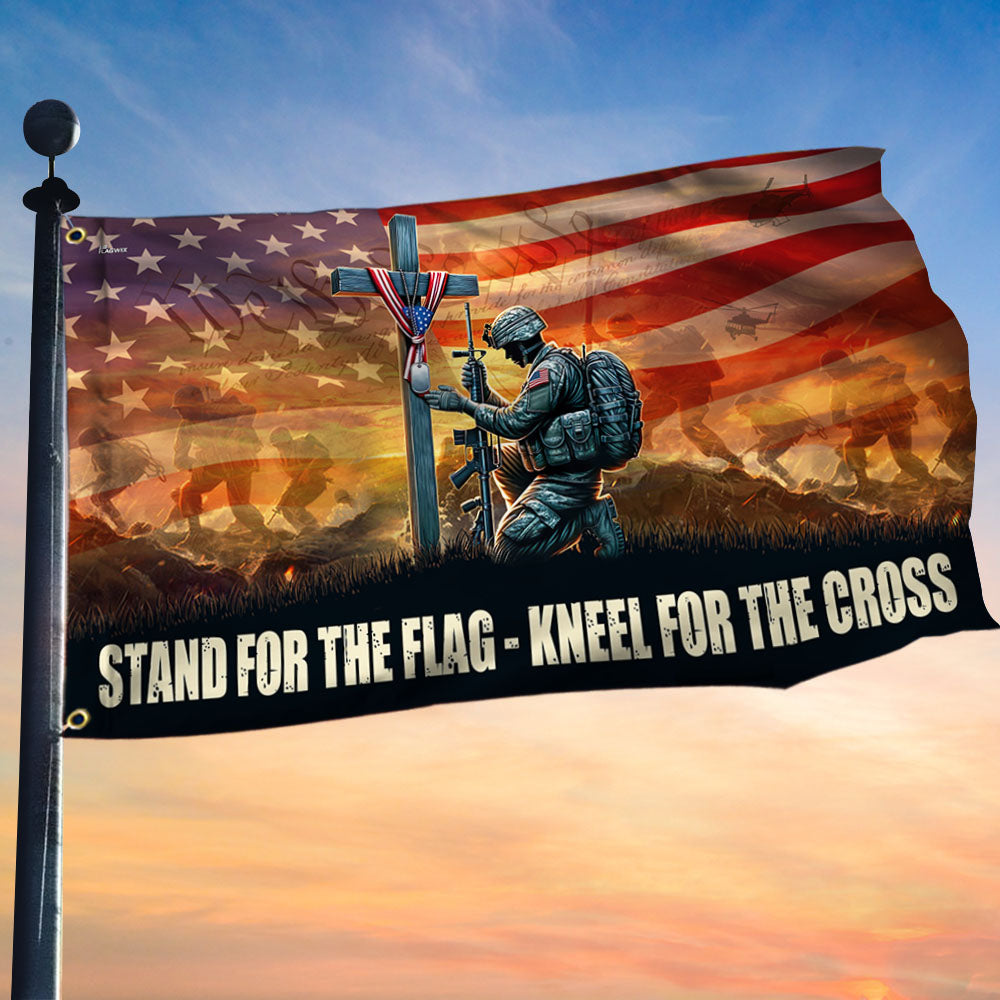US Veteran Stand For The Flag Kneel For The Cross Flag Cross Military Soldier Flag Decor Patriotic Merch - Tradiviet