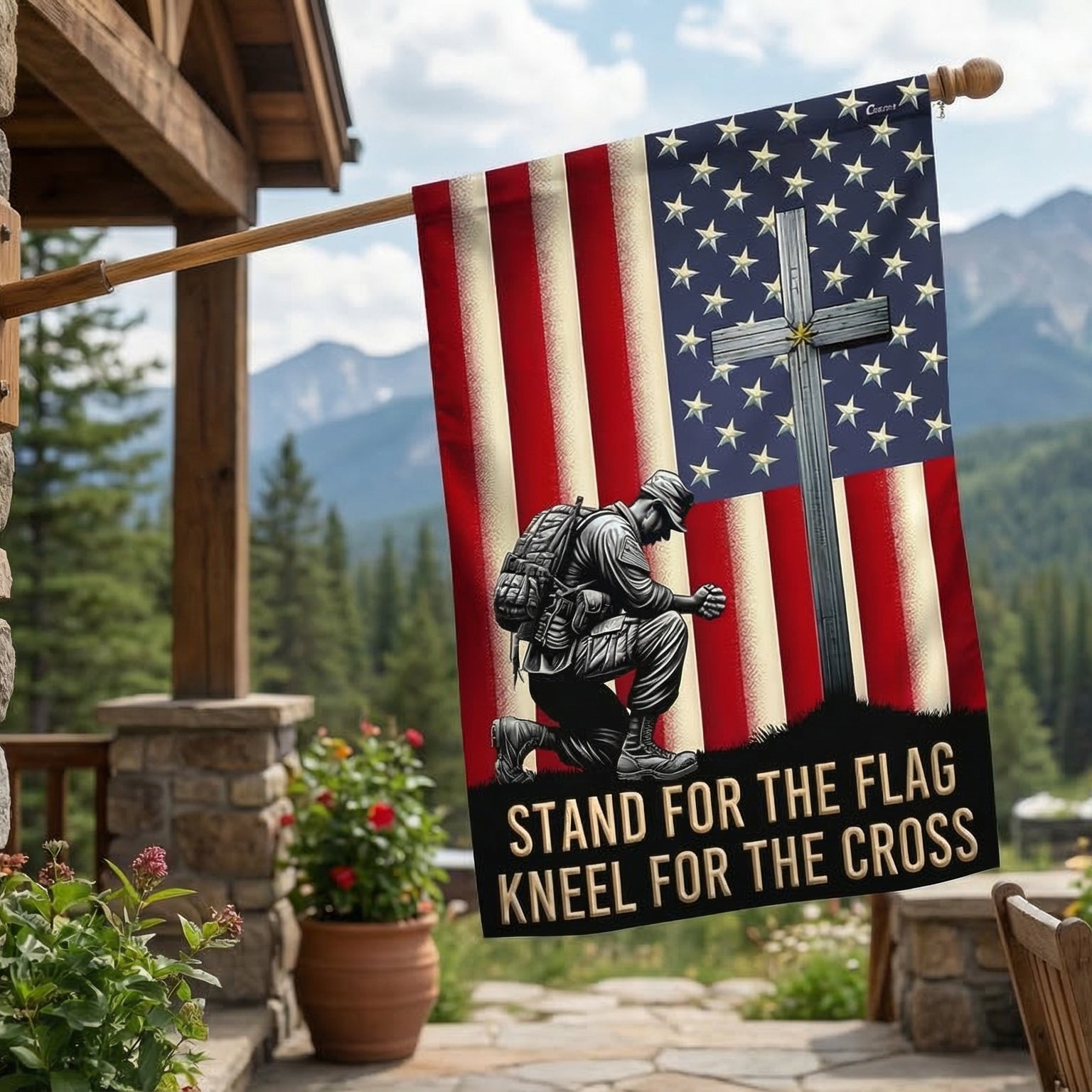 US Veteran Stand For The Flag Kneel For The Cross Flag Cross Veterans Day Christ Outdoor Decor - Tradiviet