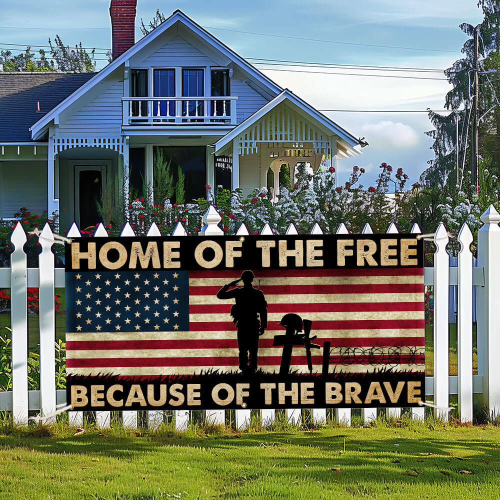 US Veterans Home Of The Free Because Of The Brave Banner Memorial Day Merch Patriotic Decor - Tradiviet