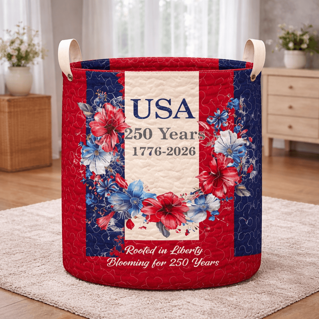 USA 250 Years Floral Wreath Quilted Laundry Basket 1776-2026 Independence Day Decor - Tradiviet