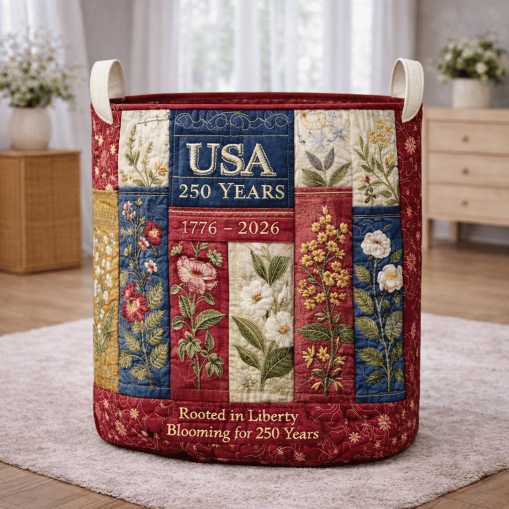 USA 250 Years Patchwork Quilted Laundry Basket Patriotic American Flag Clothes Hamper - Tradiviet