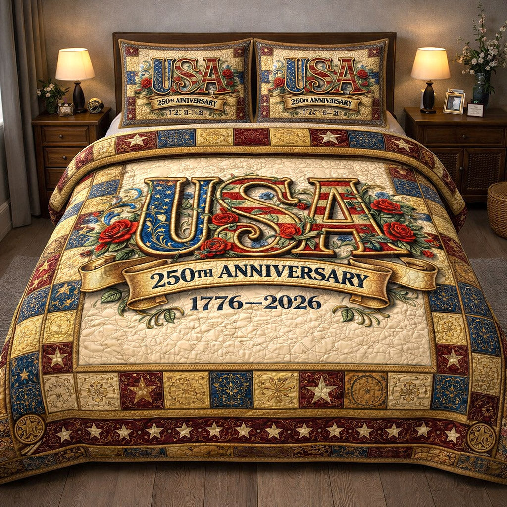 USA 250th Anniversary Quilted Bedding Set Holiday Decorations For Room Gift Ideas - Tradiviet