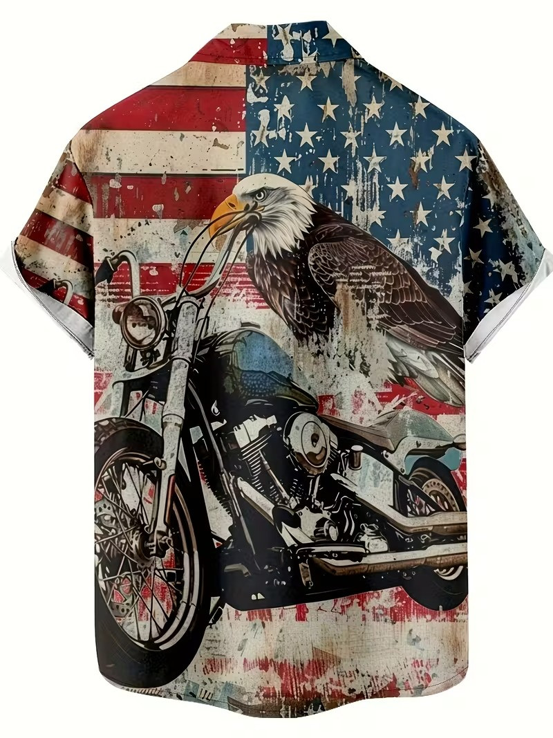 USA Eagle And Vintage Motorcycle Hawaiian Shirt American Flag Button Up Shirt Gifts For Bikers - Tradiviet