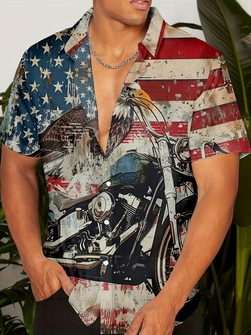USA Eagle And Vintage Motorcycle Hawaiian Shirt American Flag Button Up Shirt Gifts For Bikers - Tradiviet - Image 2