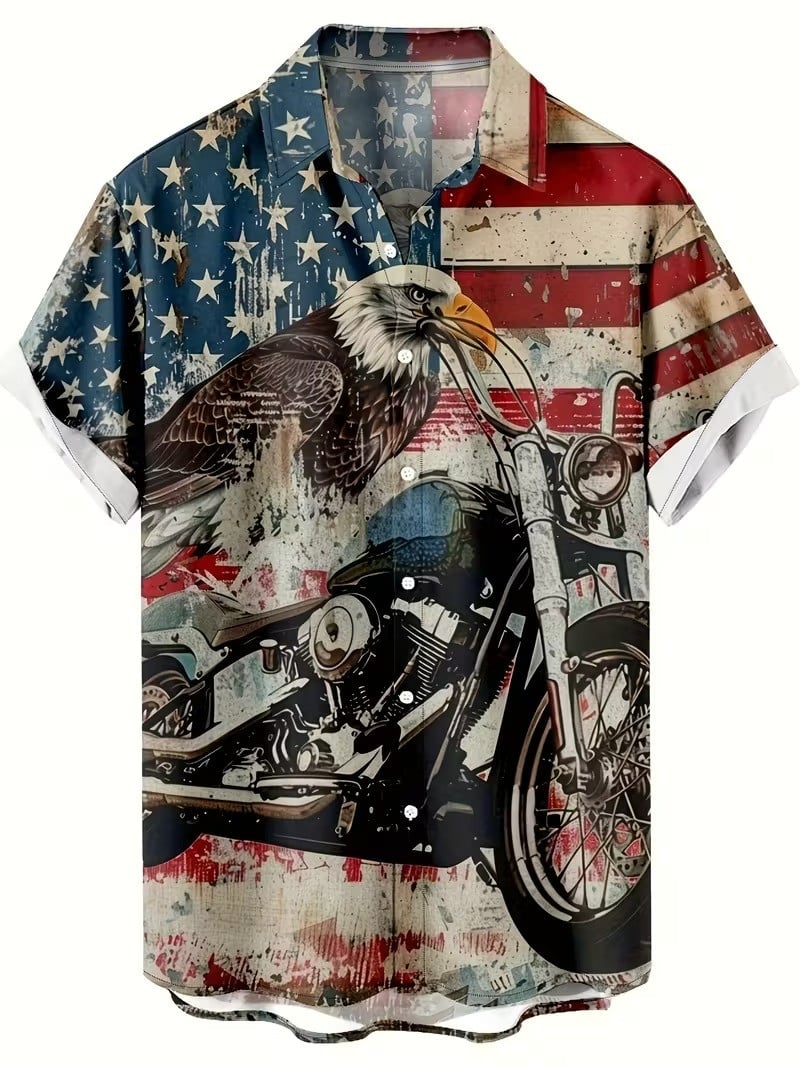 USA Eagle And Vintage Motorcycle Hawaiian Shirt American Flag Button Up Shirt Gifts For Bikers - Tradiviet - Image 3