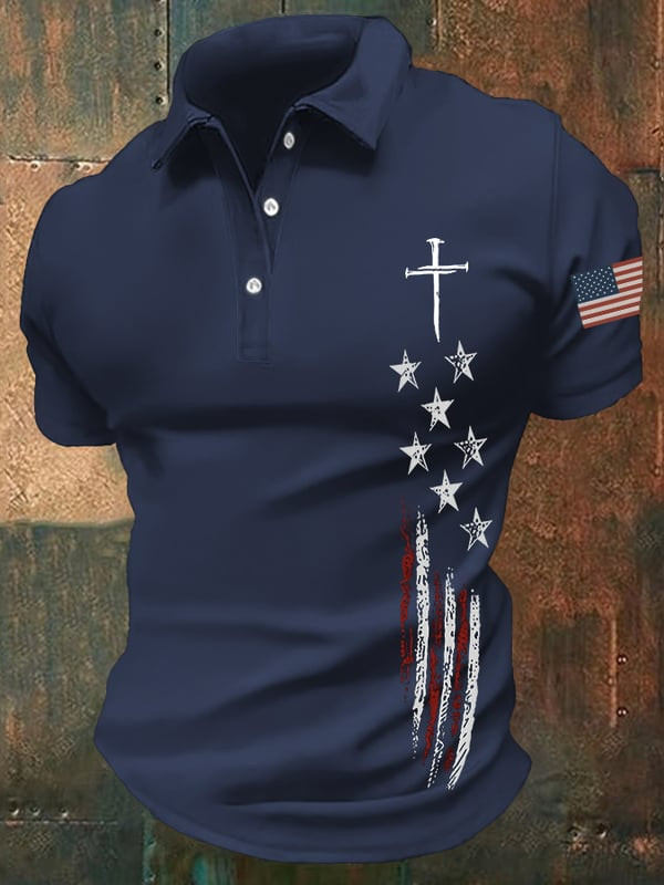 USA Flag Cross Polo Polo Shirt Christian Patriotic Polo American Faith Apparel Gift For Him - Tradiviet