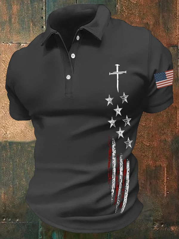 USA Flag Cross Polo Polo Shirt Christian Patriotic Polo American Faith Apparel Gift For Him - Tradiviet - Image 2