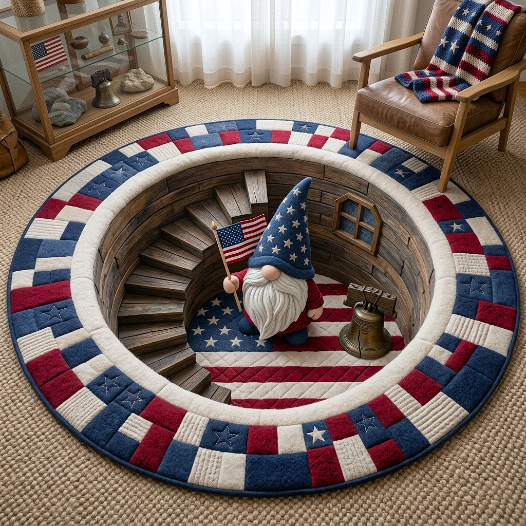 USA Flag Optical Illusion Quilted Round Mat 250th Anniversary Floor Decor Independence Day Rug - Tradiviet