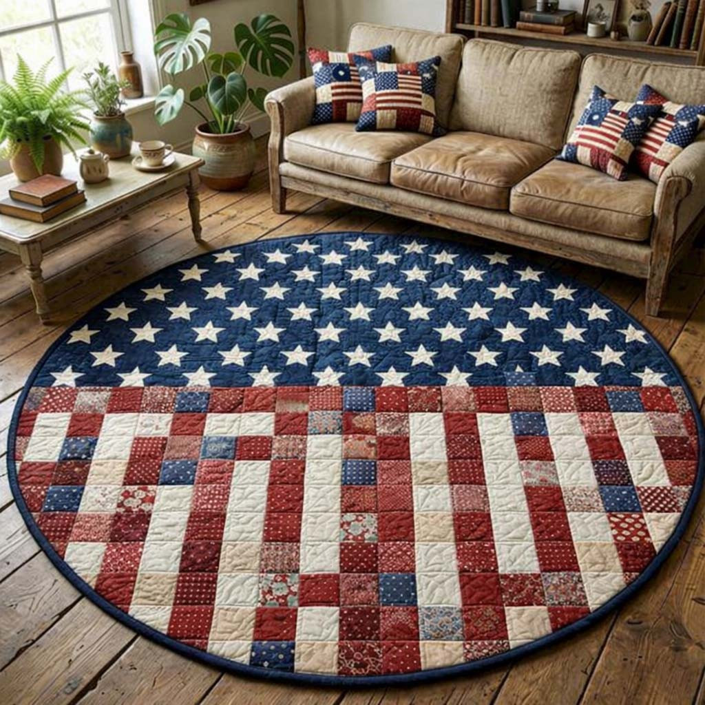 USA Flag Quilted Round Mat Patriotic Stars Stripes Carpet Independence Living Room Decor - Tradiviet