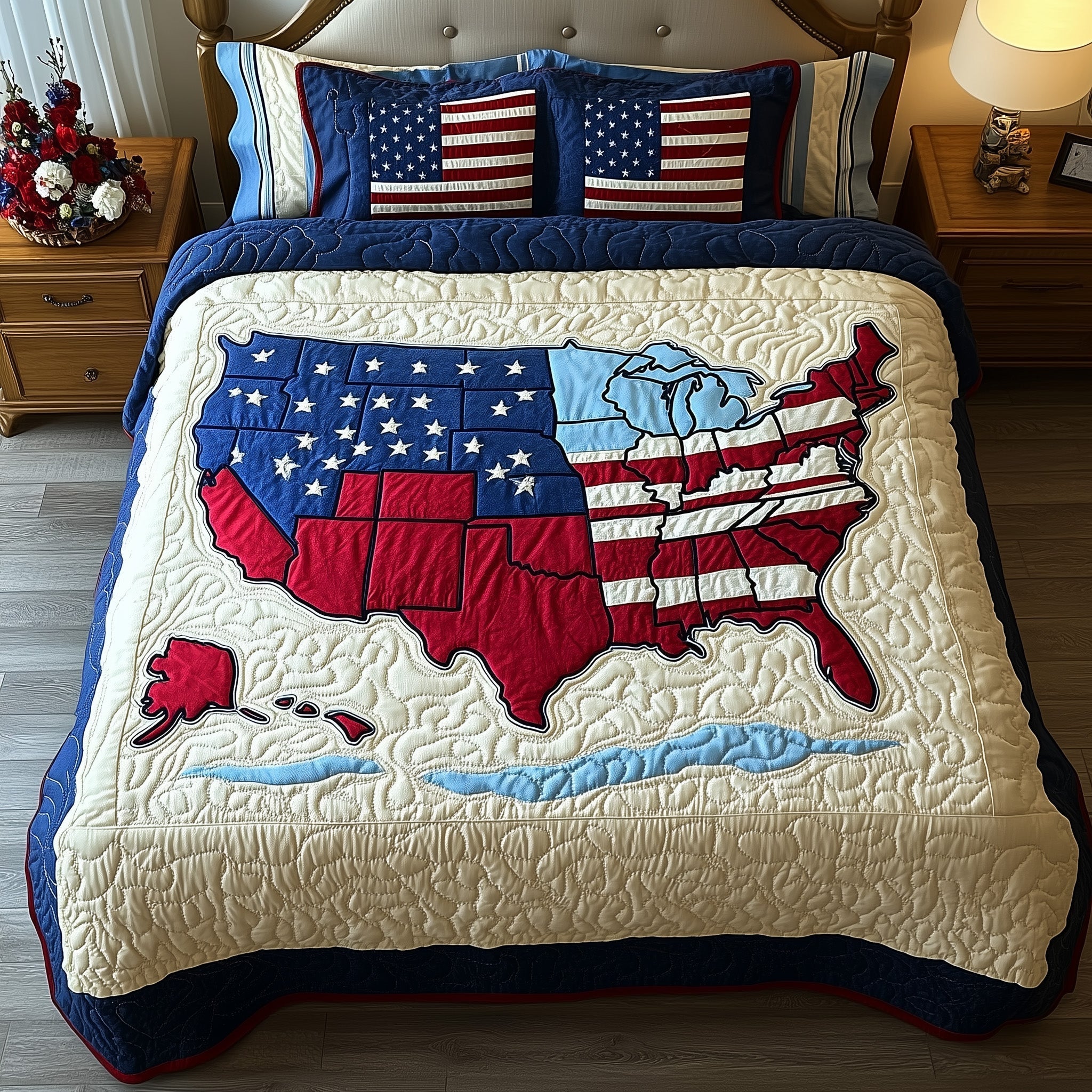 USA Map American Flag Quilted Bedding Set Stars And Stripes Rustic Bedding Gift For Him - Tradiviet