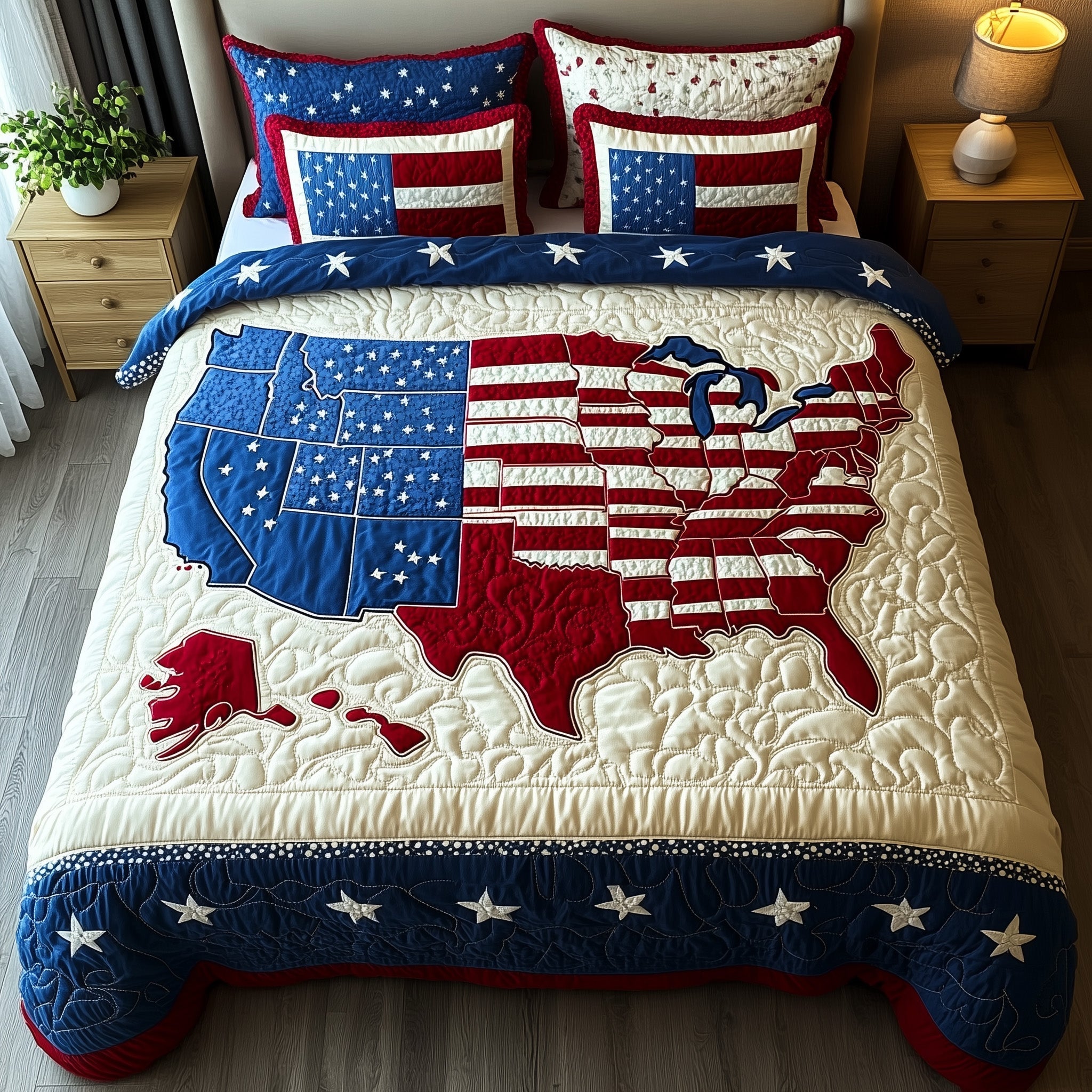 USA Map Flag Quilted Bedding Set 250 Years Anniversary Quilt Set Gift For Sweet Daughter - Tradiviet