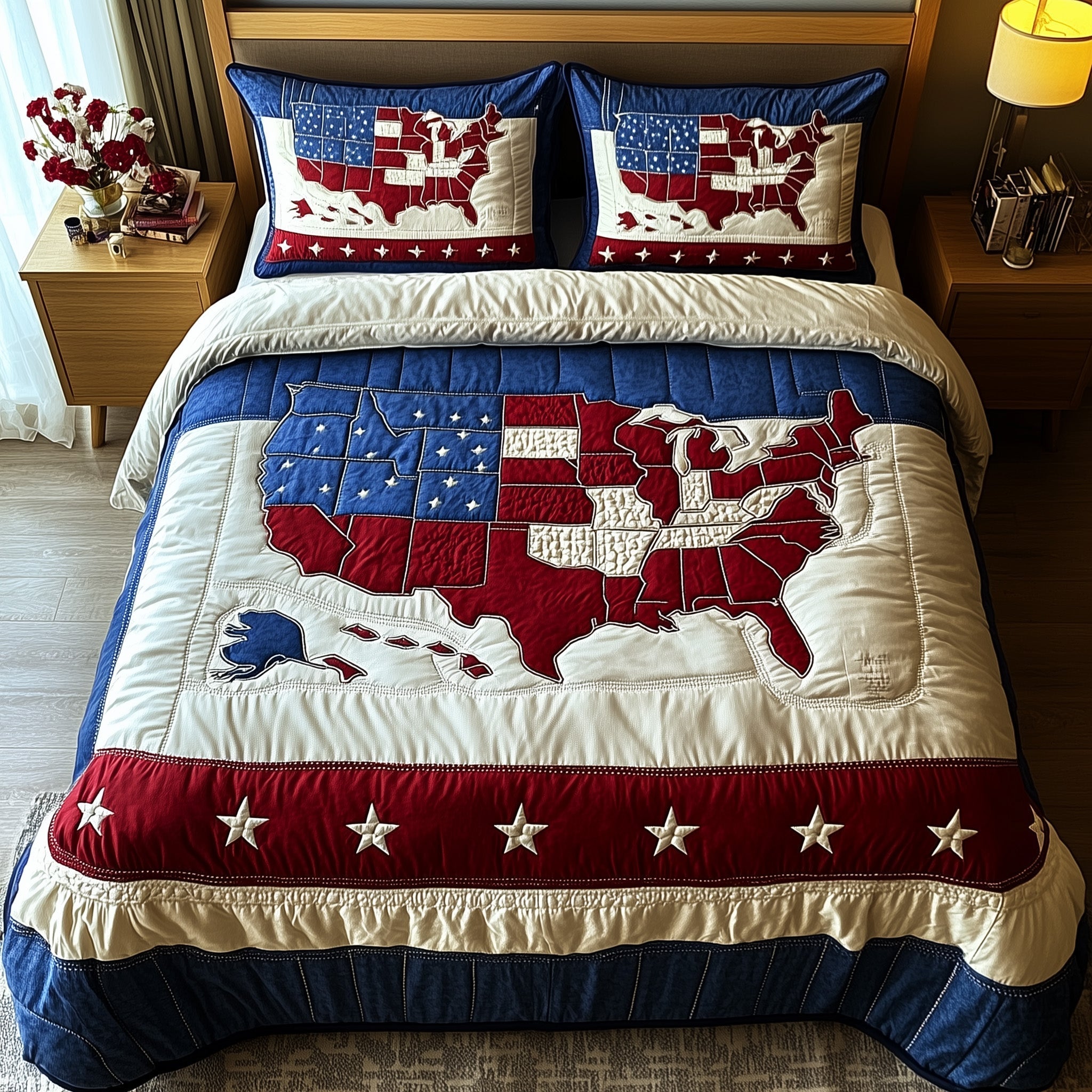 USA Map Flag Quilted Bedding Set America Patriotic Eagle Bedding Gift For Veteran - Tradiviet