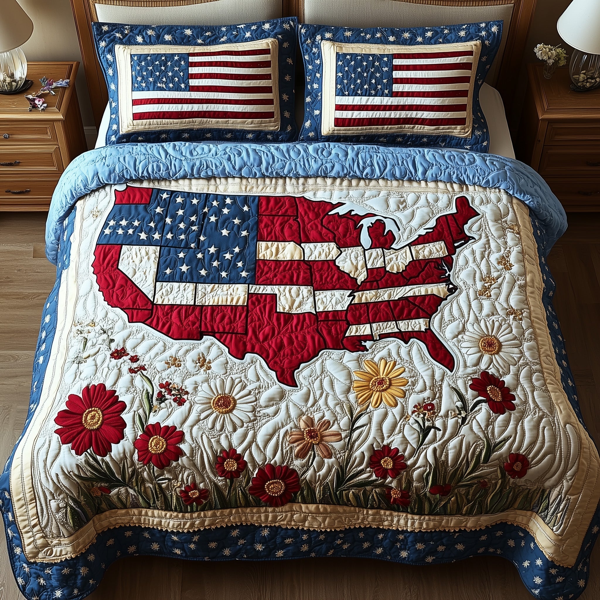 USA Map Flowers Flag Quilted Bedding Set American 250 Years Birthday Gift For Students - Tradiviet
