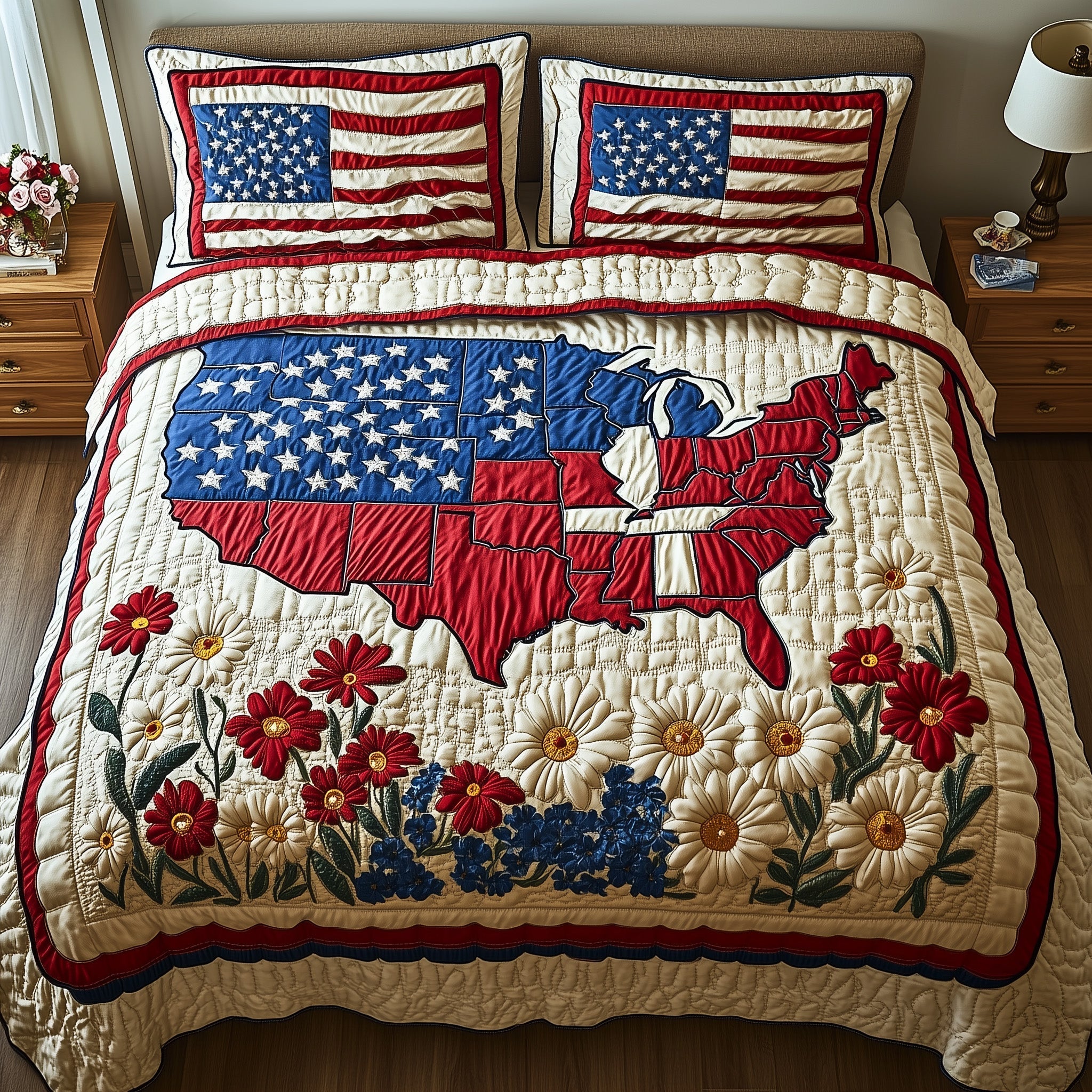 USA Map Flowers US Flag Quilted Bedding Set America Patriotic Eagle Bedding Set Gift For Dad - Tradiviet