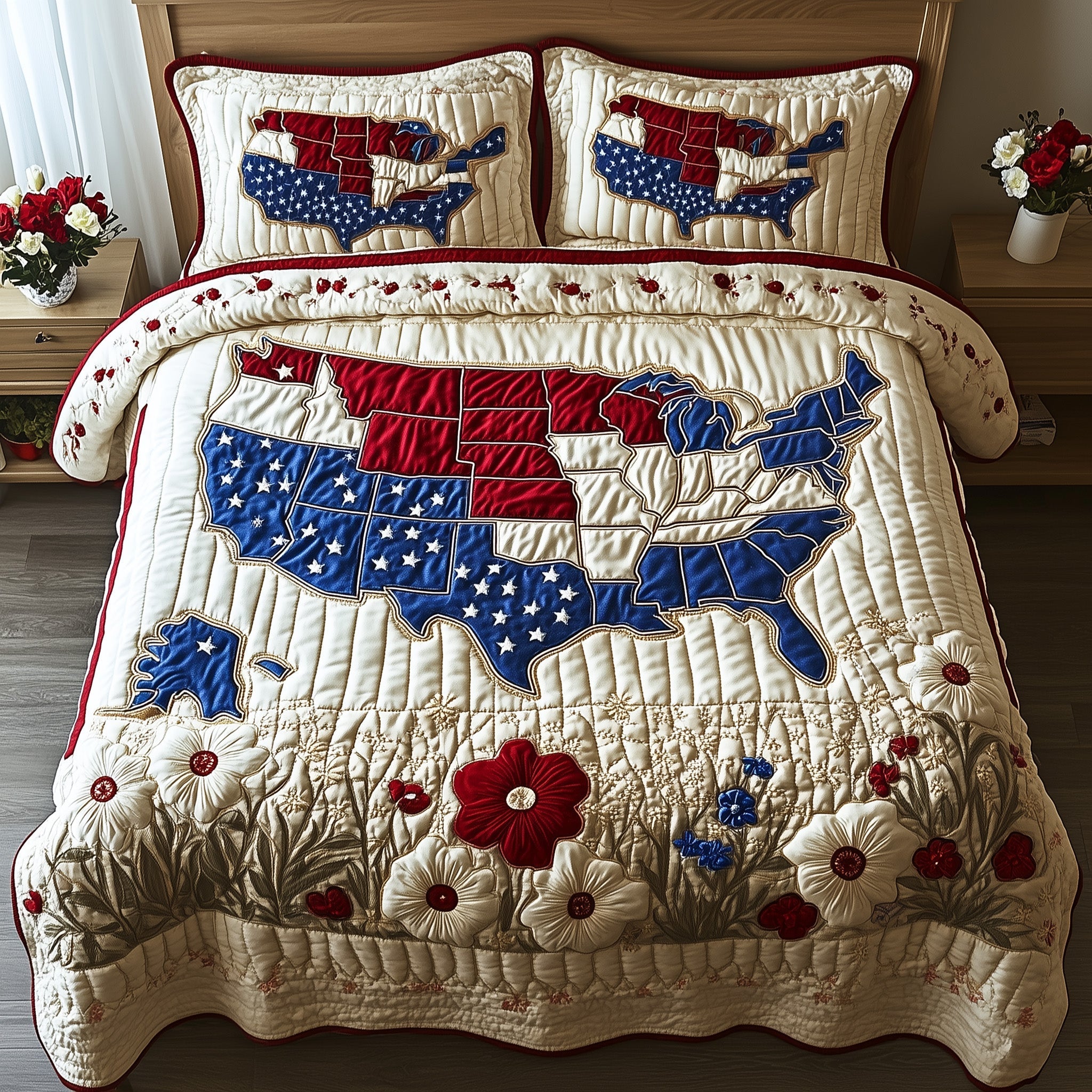 USA Map Flowers USA Flag Quilted Bedding Set 250 Years Anniversary Bedding Set Gift For Dad - Tradiviet
