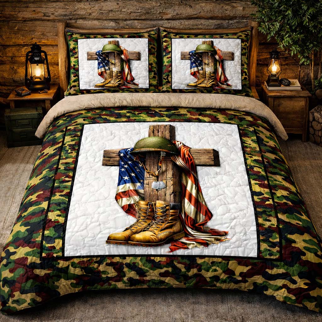Veteran Boots USA Flag Quilted Bedding Set Patriotic 1776 Patchwork Bedding Gift For Coworkers - Tradiviet