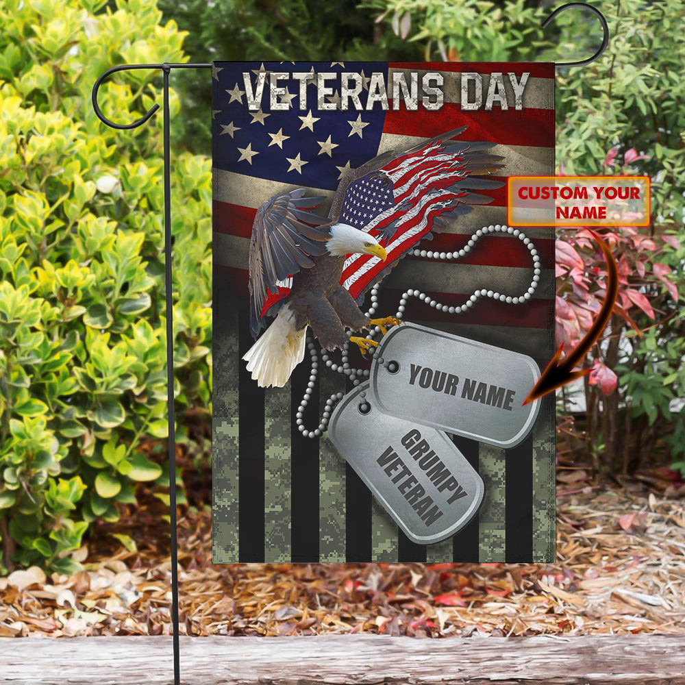 Veterans Day Garden Flag Grumpy Veteran Bald Eagle Dog Tags Merch Gift Ideas - Tradiviet