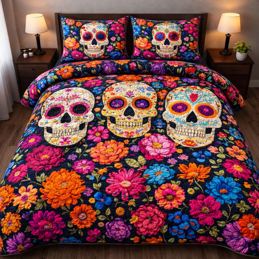 Vibrant Garden Skulls Quilted Bedding Set Bedroom Decorations Gifts With Skulls On Them - Tradiviet