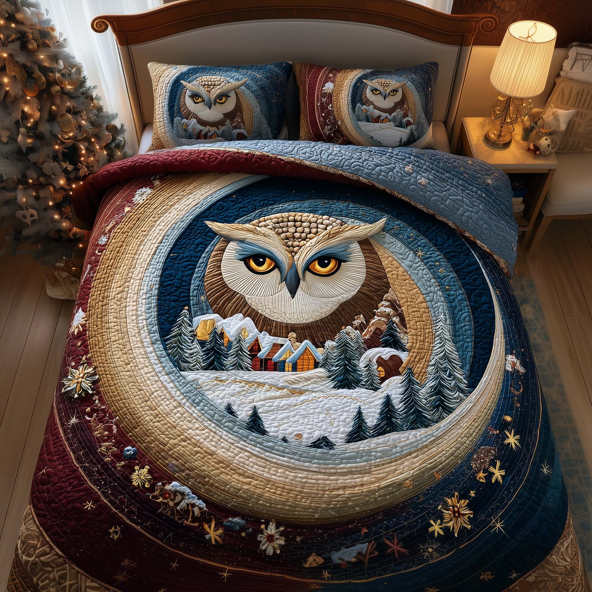 Village Owl Quilted Bedding Set Room Decoration Items Owl Lovers Gifts For Him - Tradiviet