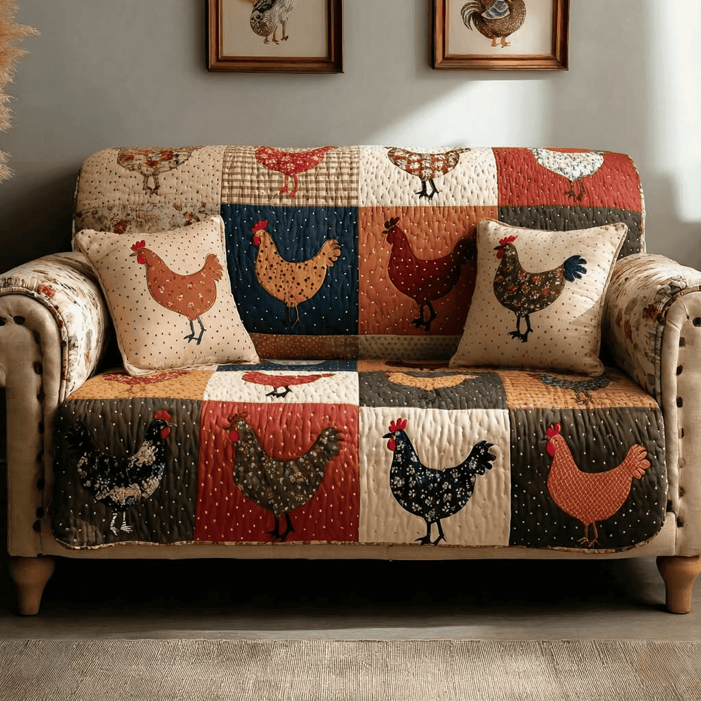 Vinatge Hens Quilted Sofa Cover Farmhouse Style Decor for Chicken Lovers