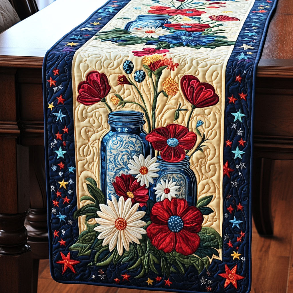 Vintage Americana Blossoms Quilted Table Runner  Dining Table Runner Fourth Of July Birthday Gifts